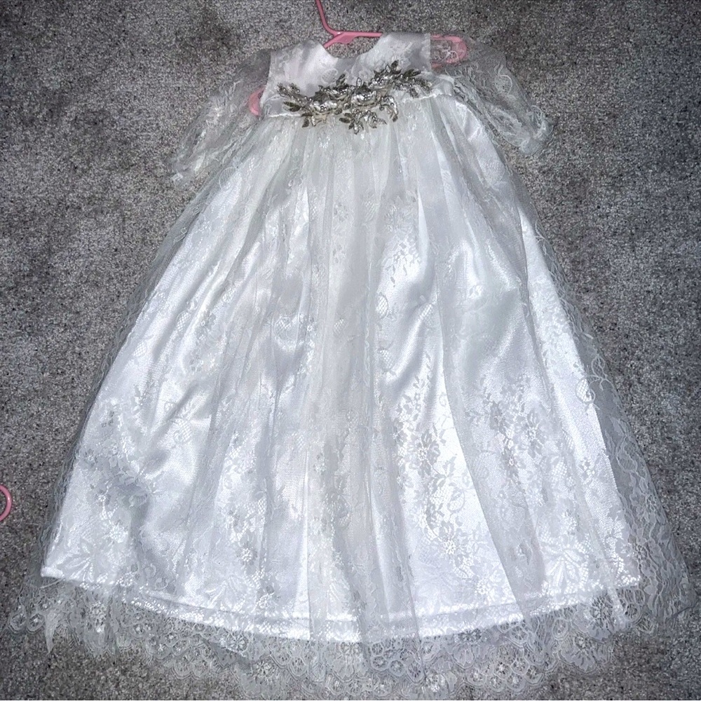 Vintage Style Lace Christening Gown. With Ruffled Diaper Cover And Lace Sleeves